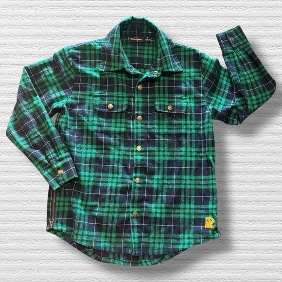 Rock Your Kid Boys Green Navy Plaid Flannel Shirt Sz 7 “Come As You Are”  Snaps - Picture 1 of 5
